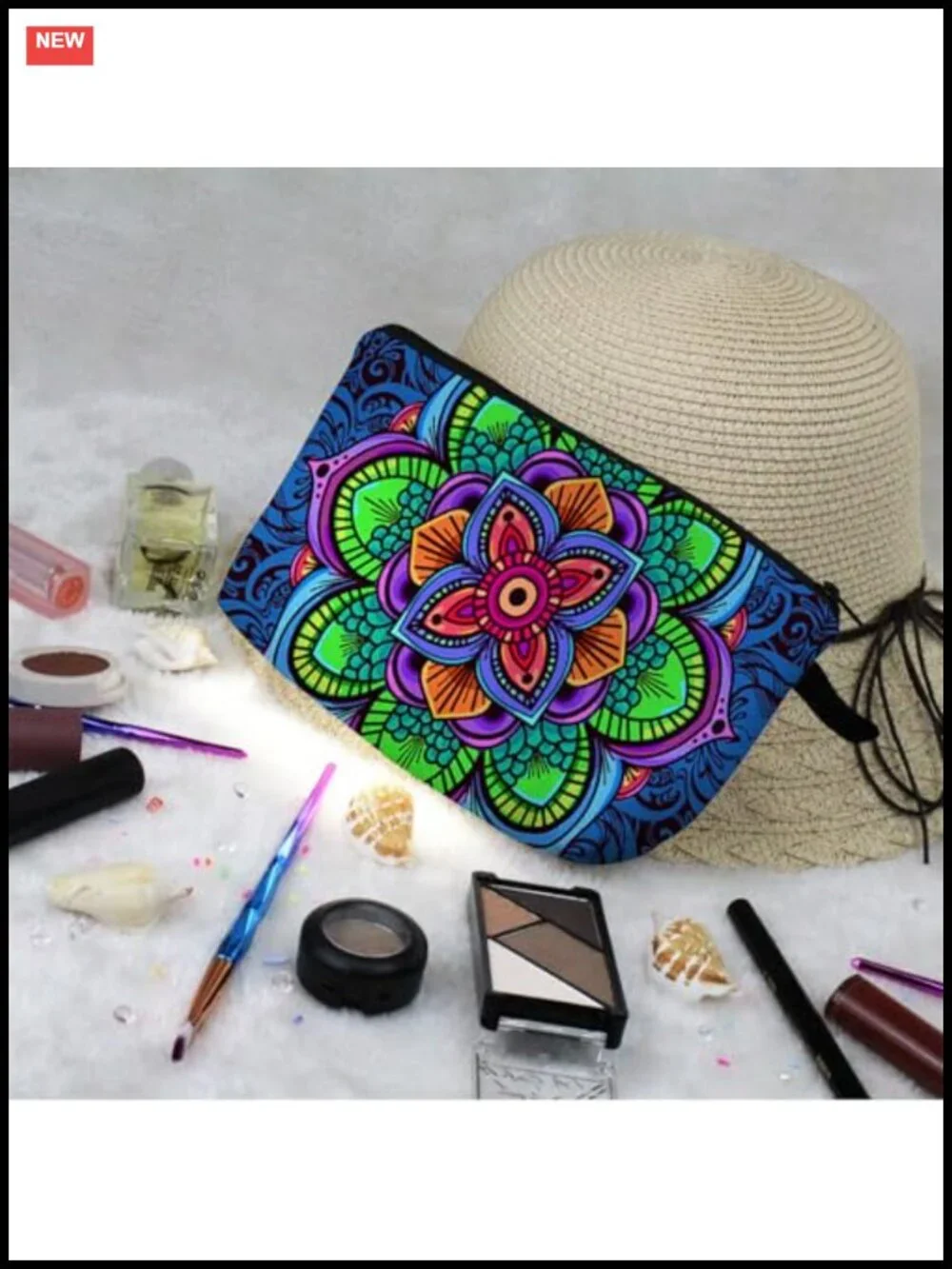Cosmetic Bag with Mandala Flowers Print, Padded Zipper Pouch Organizer for
